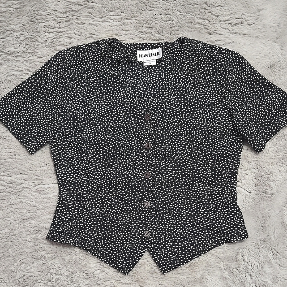 Vintage Joan Leslie black white polka dots button down blouse - size 6P